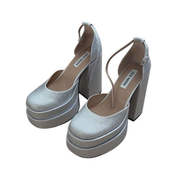 Steve Madden Charlize Silver Rhinestone stacked Platform Heels Size 8 - Picture 6 of 10